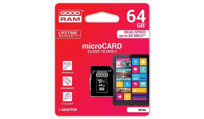 Goodram mälukaart microSDXC 64GB C10 UHS-I + adapter