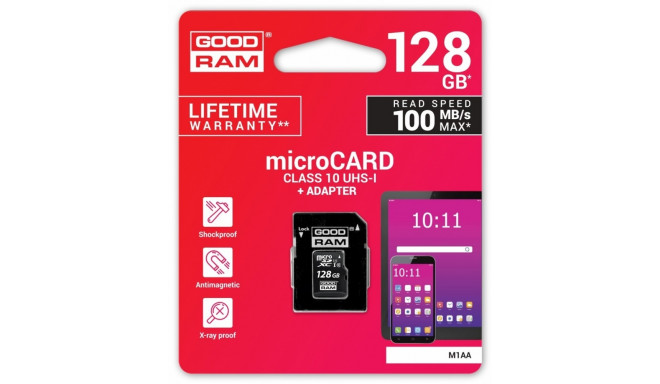 Goodram mälukaart microSDXC 128GB CL10 UHS I + adapter