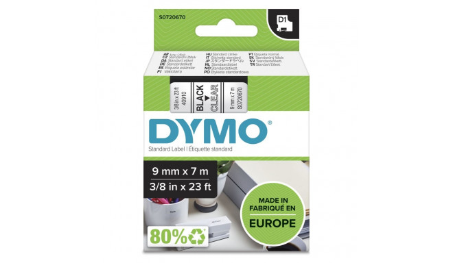 Dymo D1 Lint - 9mm x 7m must/läbipaistev