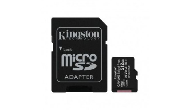 Kingston Canvas Select Plus 512 GB, Micro SD, Flash memory class 10, SD adapter