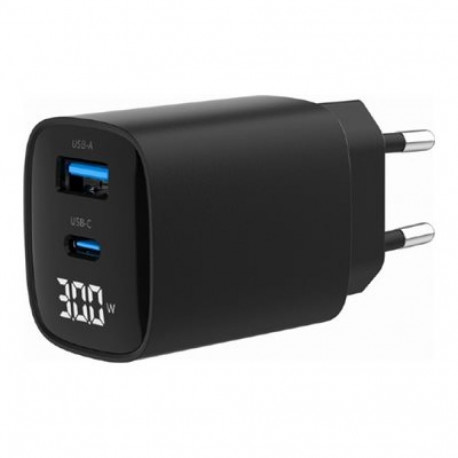 GEMBIRD 2-pordiline USB-kiirlaadija 30W USB Type-C + USB-A LCD, must