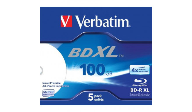 Verbatim BD-R XL 100GB* 4x Wide Inkjet Printable 5 Pack Jewel Case