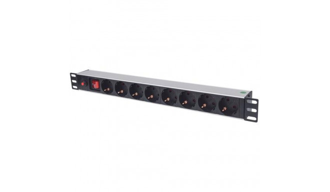 Intellinet 19&quot; 1U Rackmount 8-Way Power Strip - German Type, With On/Off Switch and Overloa