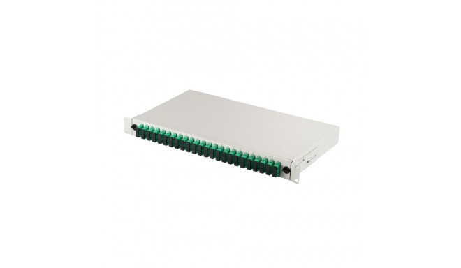 FO patch panel with 19'' 1U equipment, 24x SC APC dx, OS2, pigtails, adapters, trays, gray