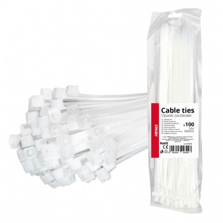 Valged kaablisidemed 3.6×300mm 100 tk amio-04309