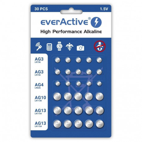 Button Batteries - Everactive Batteries Set G3, G4, G10, G13, Silver, 30 pcs