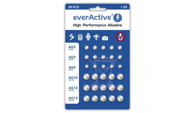 Button Batteries - Everactive Batteries Set G3, G4, G10, G13, Silver, 30 pcs