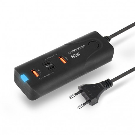 Mobile Device Charger - Esperanza EZC109 60W Fast Charge 4 Ports Black