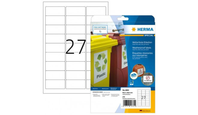 HERMA Inkjet labels A4 63.5x29.6 mm white film matt weatherproof 270 pcs.