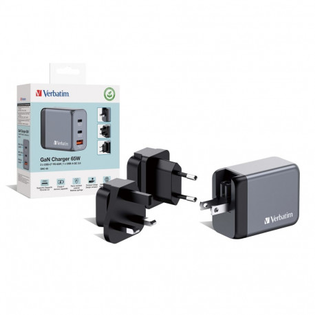 Verbatim GaN-laadija GNC-65 65W 2 x USB-C PD 65W / 1 x USB-A QC 3.0 (EU/UK/US)