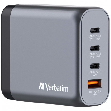 Verbatim GNC-140 GaN laadija 140W 2 x USB-C PD 140W / 1 x USB-C PD 20W / 1 x USB-A QC 3.0 (EU/UK/US)