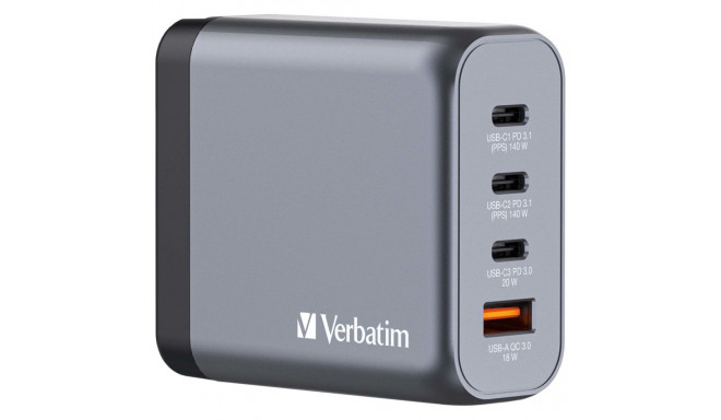 Verbatim GNC-140 GaN laadija 140W 2 x USB-C PD 140W / 1 x USB-C PD 20W / 1 x USB-A QC 3.0 (EU/UK/US)