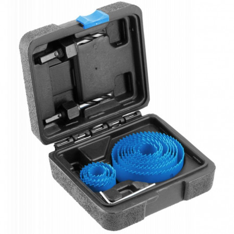 Hogert HT6D464 carbon steel hole saw set 14 pcs, 19-75 mm, 2 pilot drill bits 8 and 9.5 mm, for wood