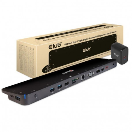 CLUB3D universaalne USB Gen1 Type-C kolme ekraaniga dünaamiline PD laadimisdokk 65 W toiteplokiga (V