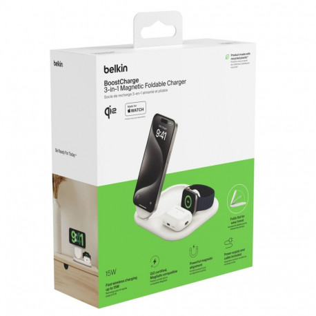 Belkin BoostCharge 3-ühes Qi2 juhtmevaba laadimisalus MagSafega, valge