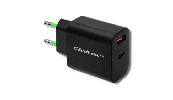 Qoltec 51713 laadija 18W 5-12V 1.5-3A USB type C PD USB QC 3.0 must