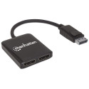 Manhattan DisplayPort 1.2 kahe DisplayPort 1.2 pordiga jagaja, MST, 4K@30Hz, USB-A toitega, videosei