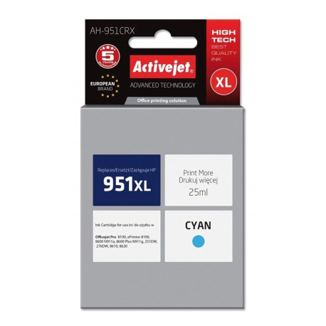 Activejet AH-951CRX Ink (replacement for HP 951XL CN046AE; Premium; 25 ml; cyan)