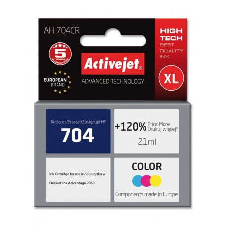 Activejet AH-704CR tint (asendus HP 704 CN693AE; Premium; 21 ml; värviline)