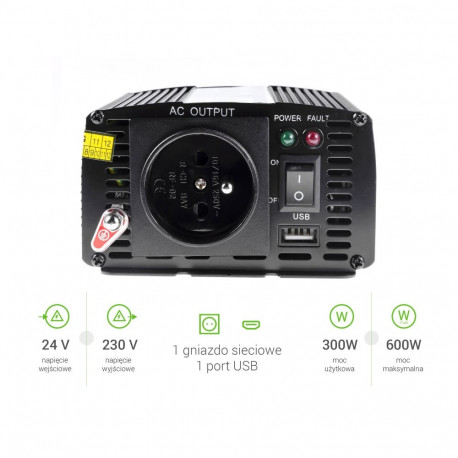 Green Cell registreeritud pingega auto inverter 24V–230V 300W / 600W