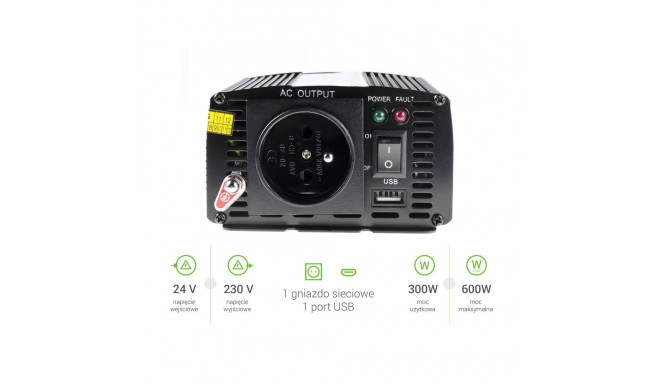 Green Cell registreeritud pingega auto inverter 24V–230V 300W / 600W