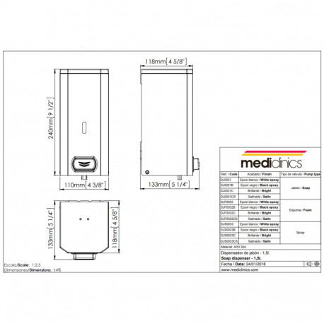 MEDICLINICS DJF0032CS Muilo Putų Dozatorius, Nerūdijantis Plienas, Satinas, 1,5 L