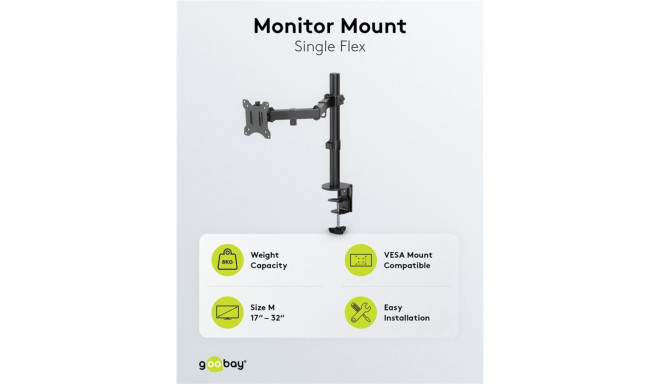 Single Flex monitor mount, black for curved and flat monitors between 17 and 32 inches (43-81 cm) up