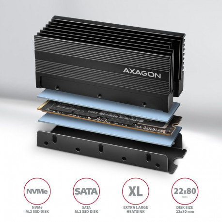 AXAGON Passive aluminum heatsink for single-sided and double-sided M.2 SSD disks, size 2280, height 