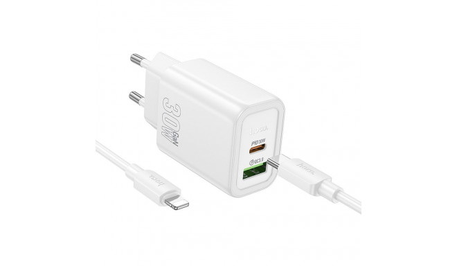 HOCO wall charger USB A + Type C + cable Type C to Lightning PD QC3.0 3A 30W N63 white