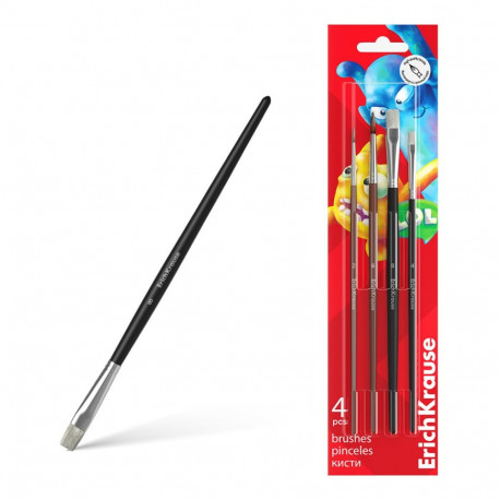 Brushes ErichKrause Jolly Friends for watercolor and gouache, pony and bristles, 4 pieces (in bliste