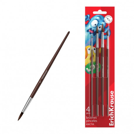 Brushes ErichKrause Jolly Friends for watercolor and gouache, pony, 4 pieces (in blister)