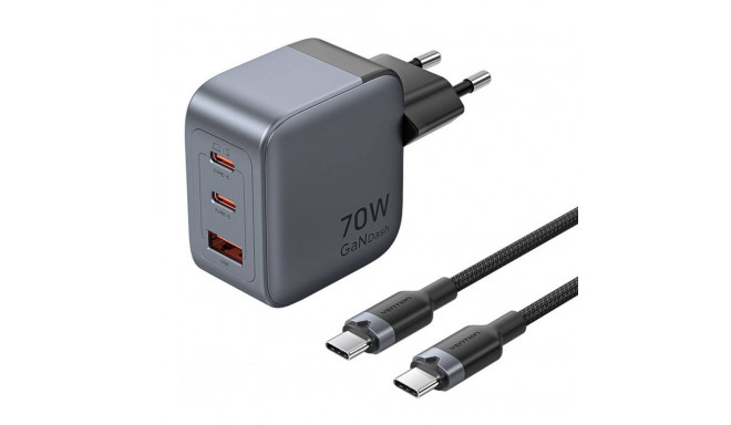 GaN Vention USB-C+C+A 70W Charger + USB-C-C Cable 1m (Gray)