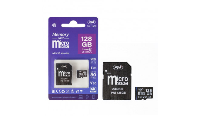MicroSD PNI 128GB memory card with SD adapter, Class 10, 80 Mb/s, V30
