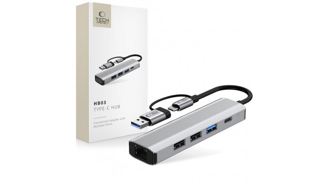 TECH-PROTECT HB03 HUB ADAPTER 5IN1 TYPE-C + USB2.0 + USB3.0 + RJ45 SPACE GREY