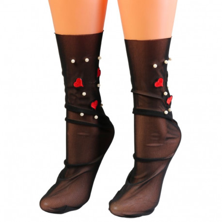 SOKISAHTEL VALERIA südamete ja pärlitega musta värvi õhukesed sokid 444