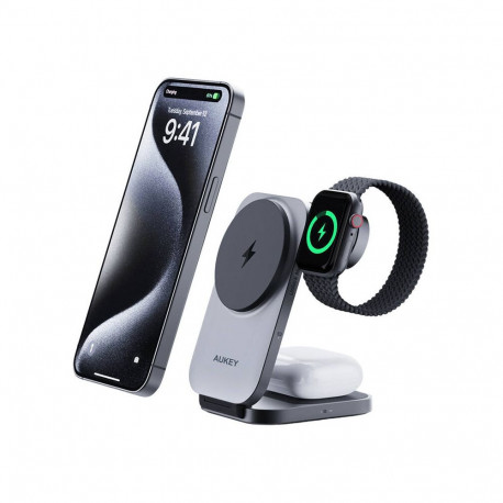 Magnetic Wireless Charger 3 in 1 MagFusion Aukey LC-MC312, 15W Qi2 (gray)