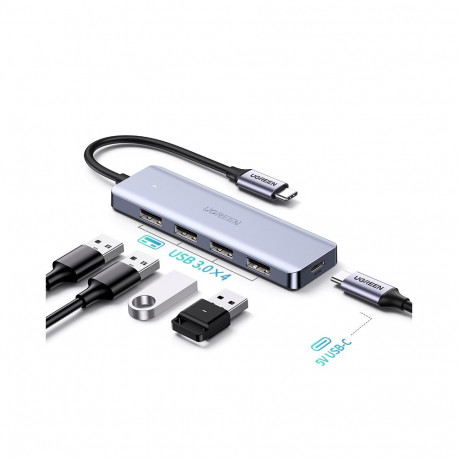 Hub USB-C 4-Port (USB 3.0) 15cm with USB-C Power Port, Gray