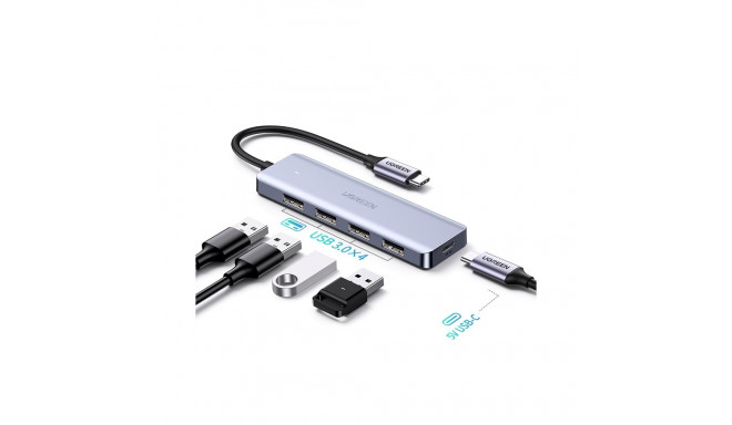 Hub USB-C 4-Port (USB 3.0) 15cm with USB-C Power Port, Gray