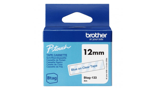 Kleepkirjalint Brother BTAG-133 läbipaistev, sinine tekst, laius 12mm mudelitele PT-N10, N20, N25