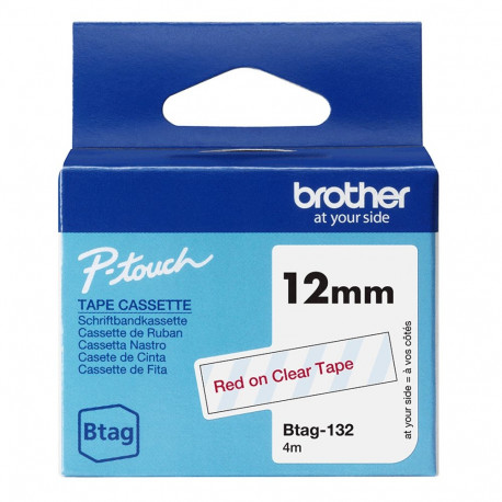 Kleepkirjalint Brother BTAG-132 läbipaistev, punane tekst, laius 12mm mudelitele PT-N10, N20, N25