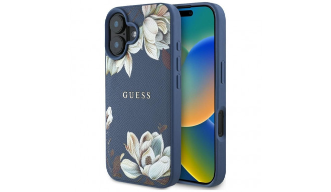 GUESS case for IPHONE 16 compatible with MagSafe GUHMP16SPGNMPLMB (PU Grained Flowers Classic Logo) 