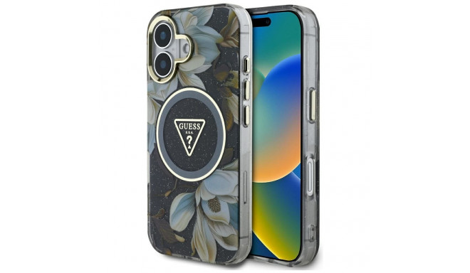 GUESS case for IPHONE 16 compatible with MagSafe GUHMP16SHFLPEDK (IML Metal Glitter Flowers Triangle