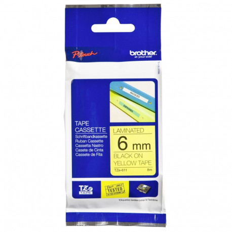 Brother TZe-611 Laminated Tape Black on Yellow, TZe, 8 m, 6 mm