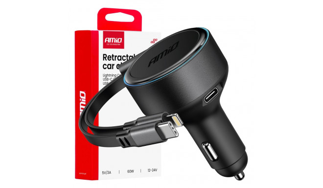 Ładowarka samochodowa ze zwijanym kablem typ c + lightning iphone + usb-c 12v 24v 60w amio-04370