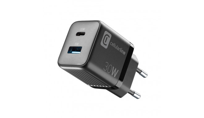 Cellularline Multipower Micro GaN - Ładowarka sieciowa USB-C & USB-A Power Delivery 30W (czarny)