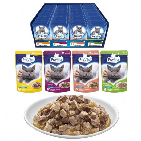 Wet Cat Food - PREVITAL Cat Food Mix 4 Flavors Chicken Veal Salmon Poultry 96x100g