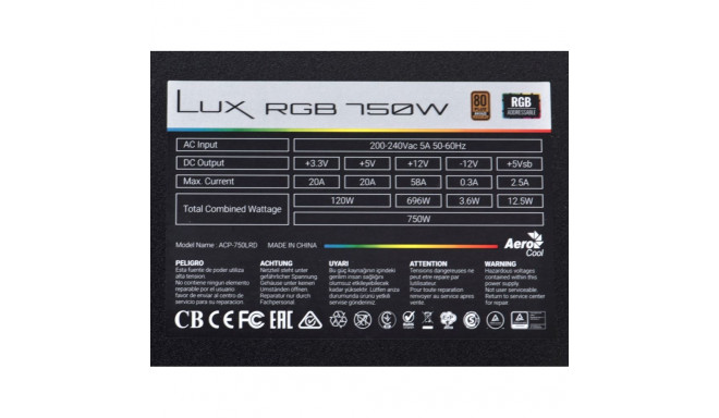 Power Supply - Aerocool Lux 750w Rgb, Black