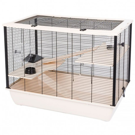 Rodent Cage - INTER-ZOO Hugo 78x48x58cm Plastic Wood Metal 2 Floors 2 Bowls 2 Reels Beige