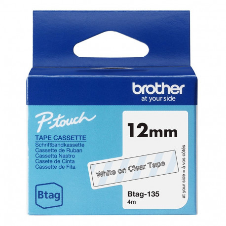 Kleepkirjalint Brother BTAG-135 läbipaistev, valge tekst, laius 12mm mudelitele PT-N10, N20, N25