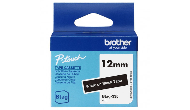 Kleepkirjalint Brother BTAG-335 must, valge tekst, laius 12mm mudelitele PT-N10, N20, N25